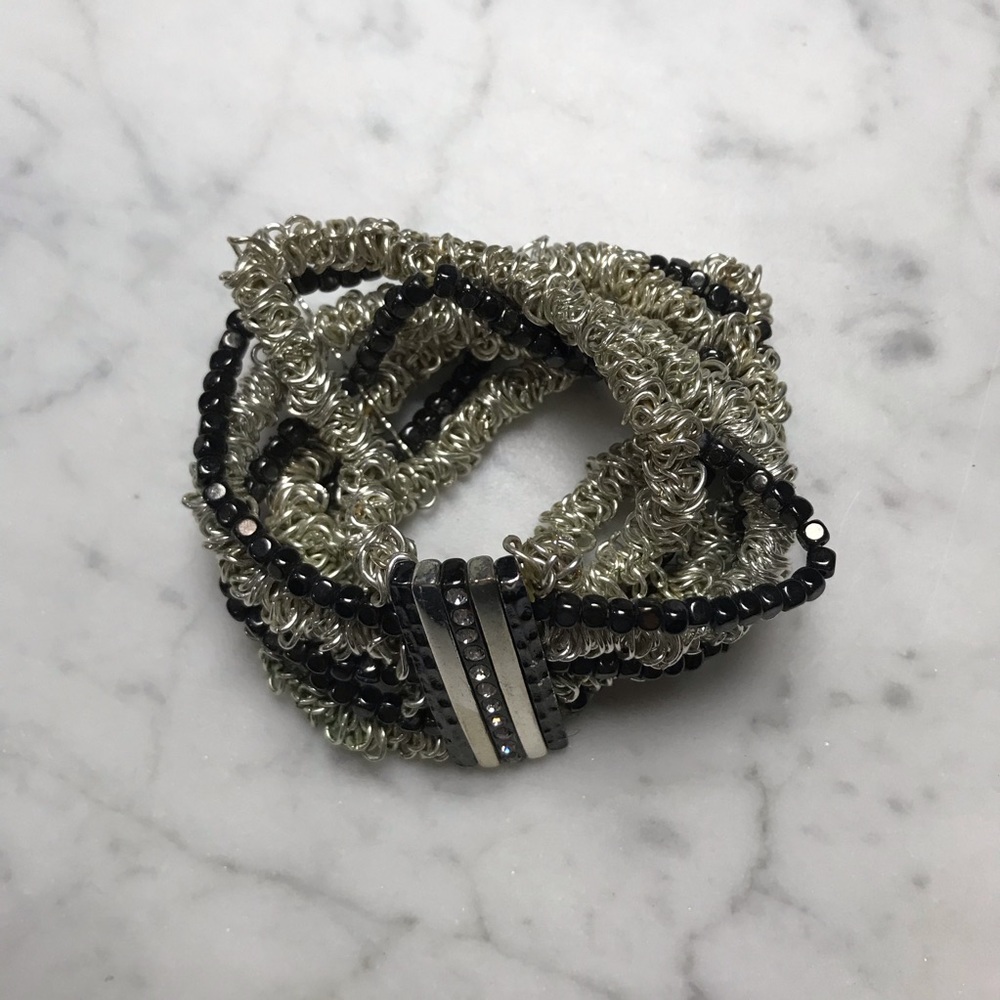 Silver Black Gem Metal Coil Stretchy Bracelet